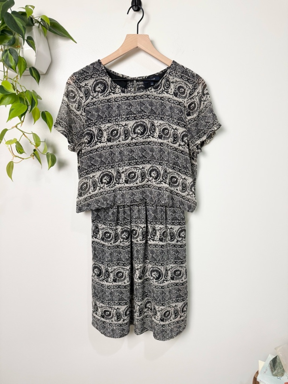 Madewell Silk Two Piece Dress Black White Paisley Short Sleeve Open Back Boho 8